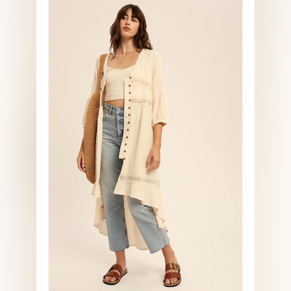 Listicle Cream Button-Down Cotton Gauze Dress
